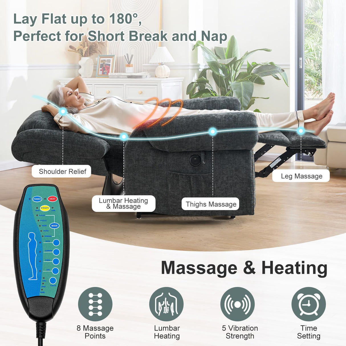 HUSFU Power Lift Recliner Chair for Elderly, Dual Motor Lift Chair with Heat and Massage,Lay Flat Lift Chair Infinite Position Sleeping Chair w/USB Ports and Remote Control,Chenille,Grey Blue HUSFU