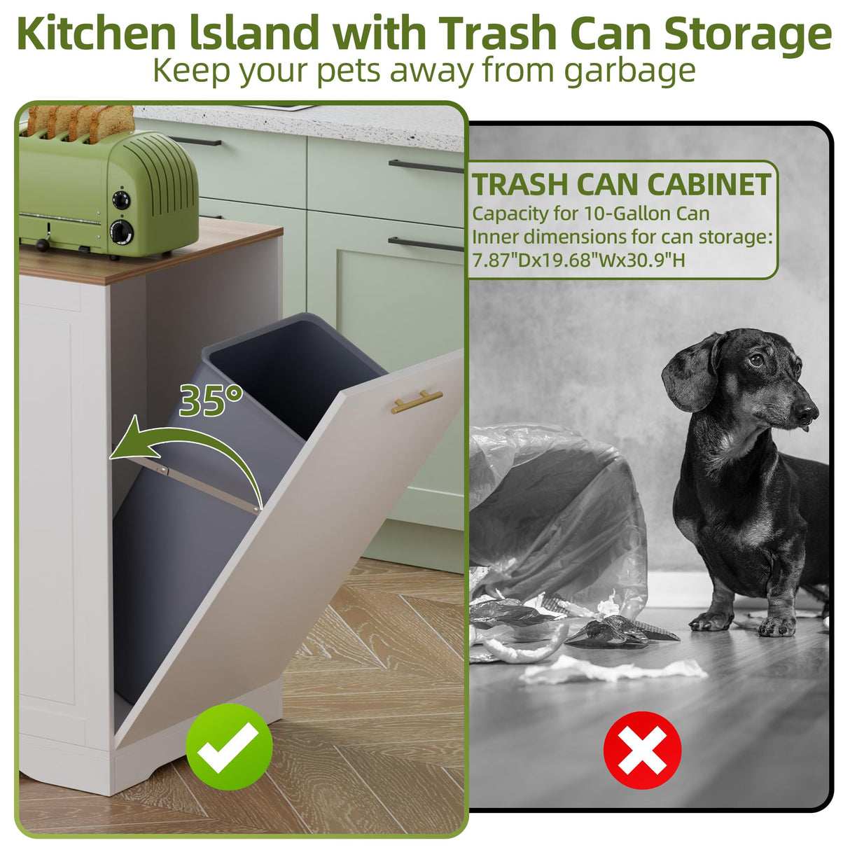 VALONDINO 46.5" Modern Kitchen Island with Trash Can Storage Cabinet, Rolling Kitchen Island Cart on Wheels with Open Side Shelves & Drawers, Storage Cabinet with Inner Adjustable Shelves, White-1 VALONDINO