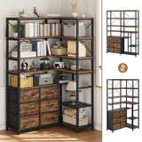 HAUOMS Corner Bookshelf, 7-Tier Industrial Convertible Book Shelf with 6 Fabric Drawers, Corner Bookcase Freestanding Display Shelf for Living Room, Kitchen, Home Office, Rustic Brown HAUOMS