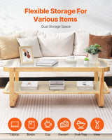 VEVOR Rattan Coffee Table, Rectangle Rattan Woven Wood Coffee Table with Tempered Glass Top, 45-Inch Modern Boho Storage Coffee Table with Natural Wood Legs, for Living Room, Bedroom & Small Spaces VEVOR