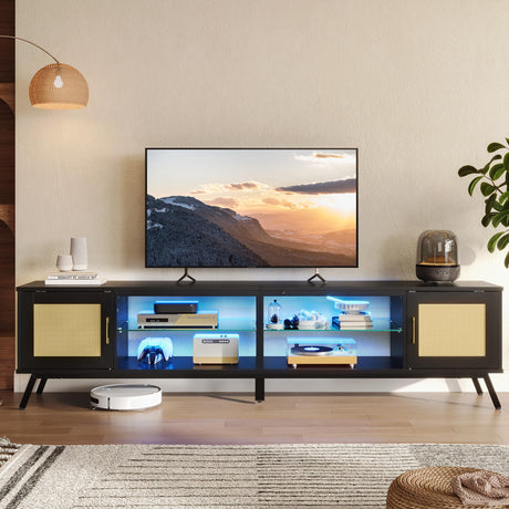 Bestier 80 Inch Black Rattan TV Stand with Storage for 85 Inch TV, 4-in-1 Mid Century Modern Entertainment Center with LED Lights, Doors and Adjustable Glass Shelves for Living Room Bestier