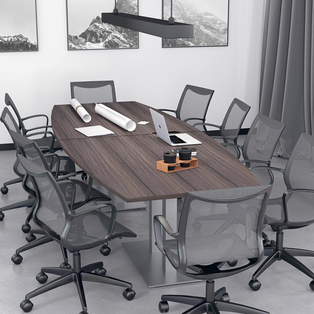 SKUTCHI DESIGNS INC. 10-Person Boat Shaped Modular Conference Table with Power and Data | Harmony Series | 10' Meeting Room Table | Scratch-Resistant Laminate | Square Metal Bases & Light Gray SKUTCHI DESIGNS INC.