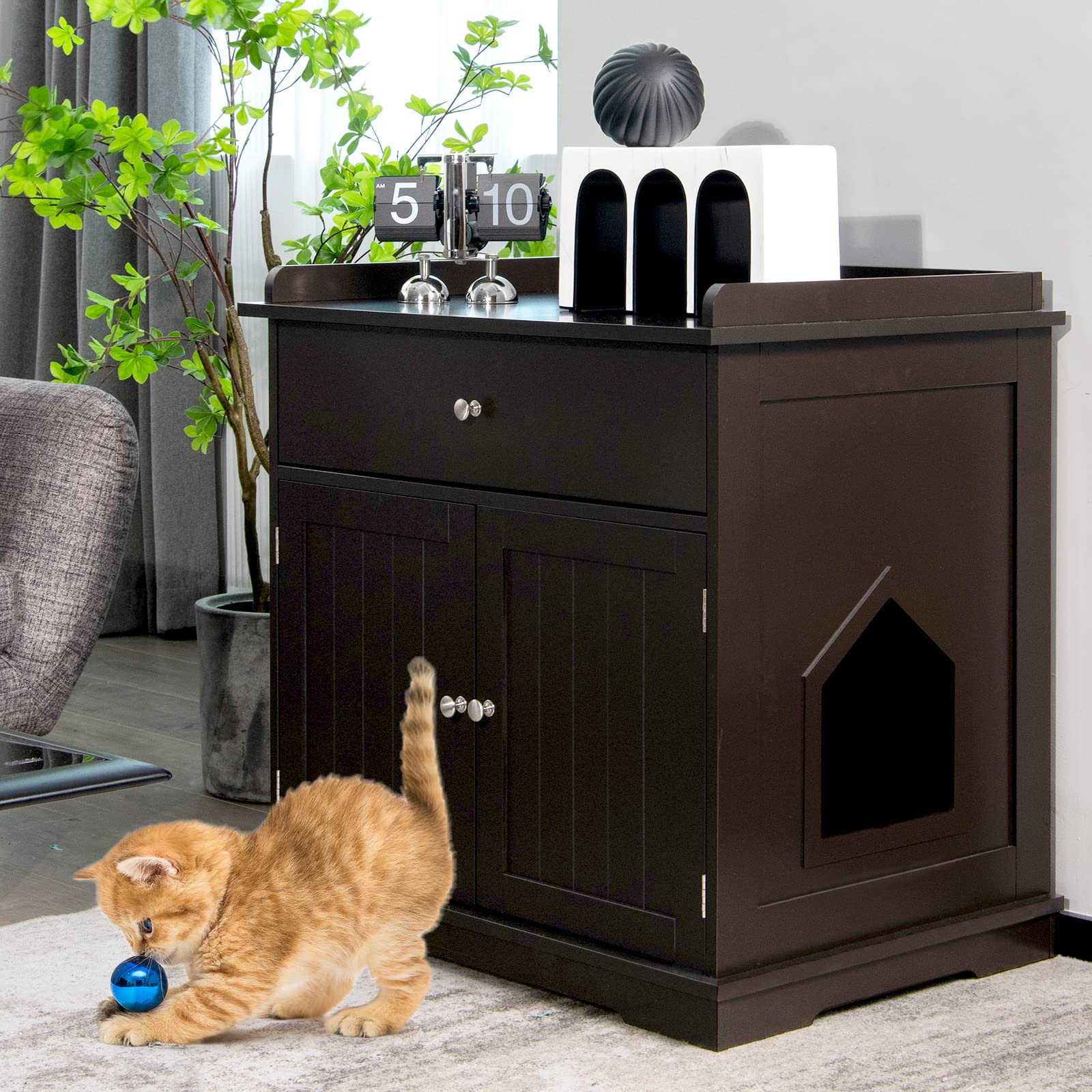 Tangkula Litter Box Enclosure, Cat Litter Box Furniture Hidden with Large Drawer, 2 Doors, Indoor Cat Washroom Storage Bench Side Table Cat House, Large Wooden Enclosed Litter Box Cabinet (Br - WoodArtSupply