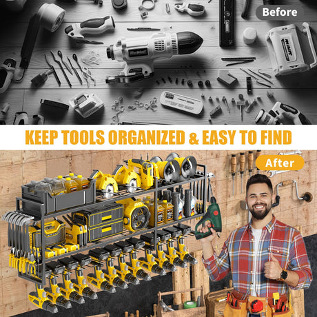 BILIONE 49'' W Extra Large Power Tool Organizer Wall Mount, 12 Drill Holders 3 Layers Heavy Duty Cordless Tool Rack, Load 450 LBS Storage Shelf for Garage, Workshop, Workbench, Gifts for Men Husband BILIONE