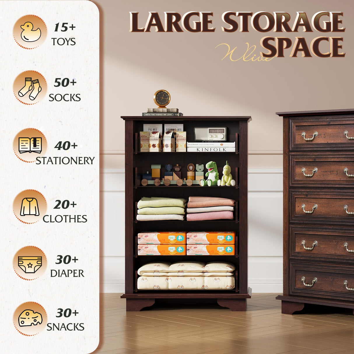 WLIVE Farmhouse Dresser for Bedroom, Tall Wood Dresser with 5 Drawer, Chest of Drawers with Roman Metal Handle for Living Room, Hallway, Closet, Brown WLIVE