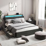 Kiivakii Full Size Bed Frame with 4 Drawers, LED Metal Platform Bed with Upholstered Storage Headboard, Built in Charging Station, No Box Spring Needed, Dark Gray Kiivakii