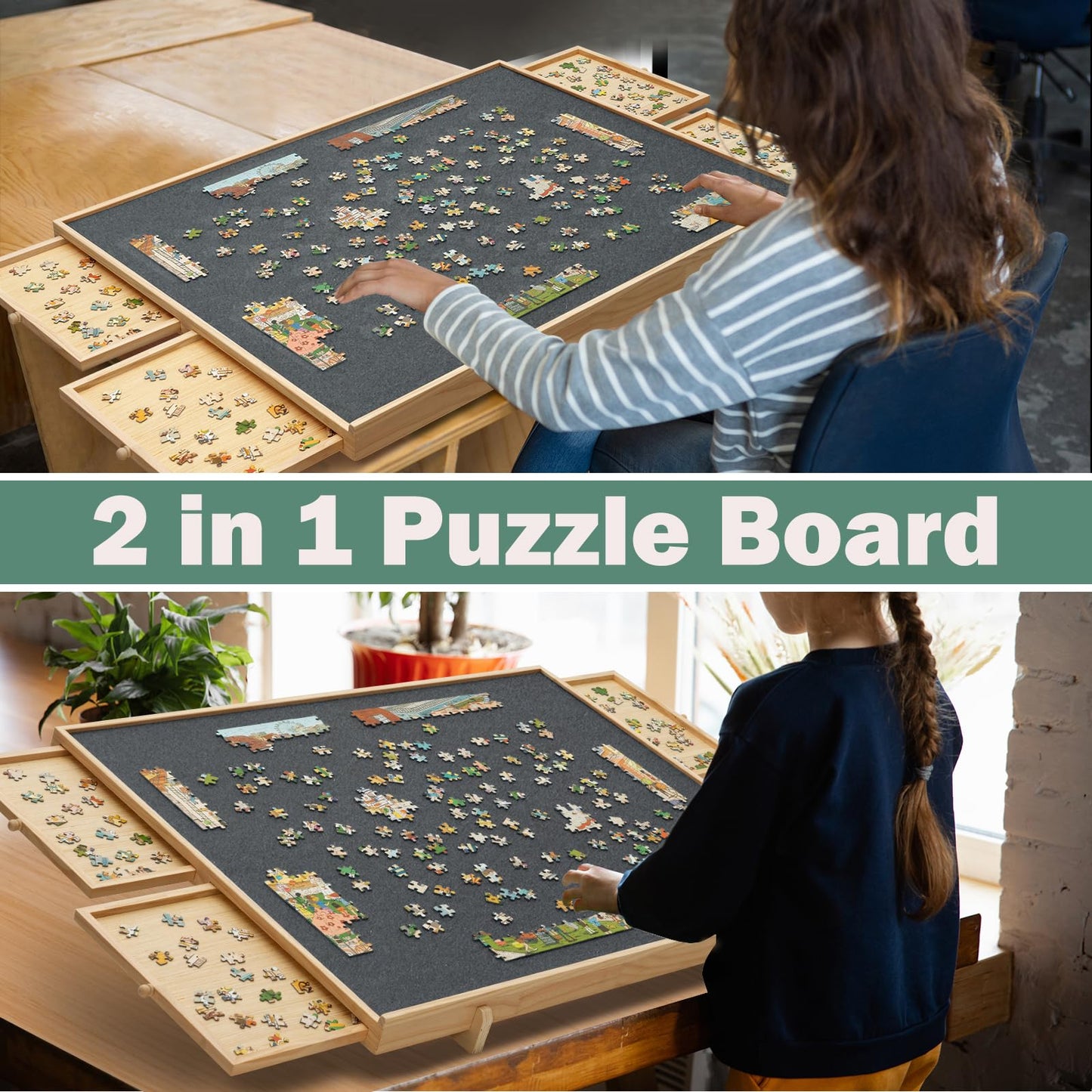 YKHALLYBEE 1500 Pieces Puzzle Board with 4 Drawers & Cover, 2-in-1 Puzzle Board with Adjustable Tilting Stand, Portable Jigsaw Wood Puzzle Board with Felt Table 34" W x 26" D