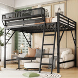 KEIKI Full Size Metal Loft Bed Frame with Ladder and Built-in Storage Shelves, for Teens, Modern Style Loft Bed with Solid Slats, Guardrail, No Box Spring Required, Easy Assembly, for Bedroom, Black KEIKI