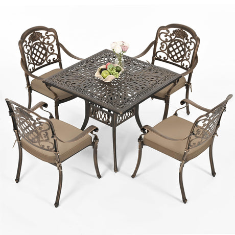 Pamapic 5-Piece Patio Dining Set,Outdoor Cast Aluminum Furniture Set with Vintage Table Top,Outdoor Furniture Set with 4 Outdoor Stackable Chairs for Patio Garden Poolside (with 4 Cushion,Bronze) Pamapic