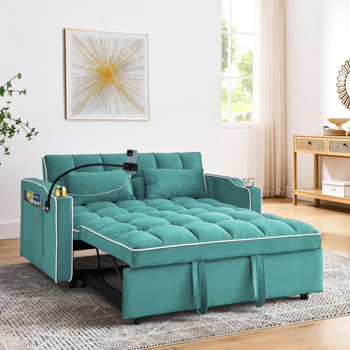 Foldable Sofa Bed with USB Charging Ports, Pull Out Velvet Loveseat Sleeper with Phone Holder, Modern Futon Couch with Cup Holders & Adjustable Backrest for Living Room,Green Merax
