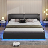 DICTAC King Size Bed Frame with Headboard and Charging Ports Modern Low Profile King Platform Bed Frame with LED Lights Wave Like Curve King Led Bed Frame,Wood Slats Support,Easy Assembly,Black DICTAC