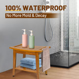 20" Premium Teak Shower Bench with Shelf & Handle, Solid Teak Shower Stool, Durable Waterproof Seat for Inside Shower, Teak Wood Bench for Bathroom, Indoor & Outdoor Use GRBEEVIITEK
