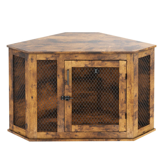 PRETZI 44 inch Corner Dog Crate Furniture, Corner Wooden Dog Kennel End Table with Mesh, Indoor Decorative Pet Crates Corner Side Table for Small/Medium Dogs, Wide Top Perfect for Limited Room, Brown