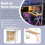 MoproBeti Twin Size Loft Bed with Desk and Storage Stairs,Metal Gaming Twin Loft Bed with LED Lighting, High Loft Bed with Wardrobe and Shelves for Boys,Girls,Teens, Adults,White MoproBeti