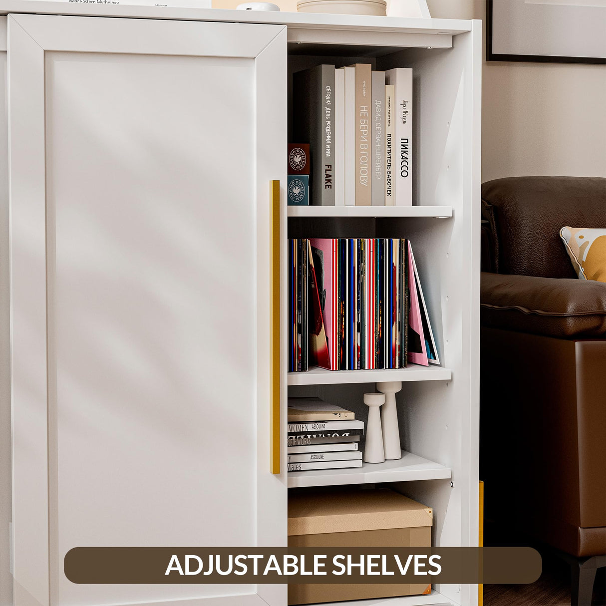 BELLEZE Storage Cabinet with LED Lighting, Sideboard with Sliding Doors and Adjustable Shelves, Entryway Shoe Rack, Accent Cabinet for Living Room and Bathroom - Dana (White) BELLEZE