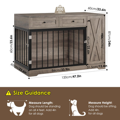 Dog Crate Furniture Kennel with Double Doors Wooden Pet House with 2 Drawers and Storage Cabinet, Indoor Dog Cage Farmhouse Modern Side End Table for Small Medium Dogs, Rustic