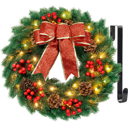 Hocent Christmas Wreaths for Front Door with Hanger & Timer - Pre-Lit Lights 17'' Christmas Wreaths for Windows Decorations with 40 LED Lighted for Mantle Stairs Fireplace Indoor Outdoor Wall