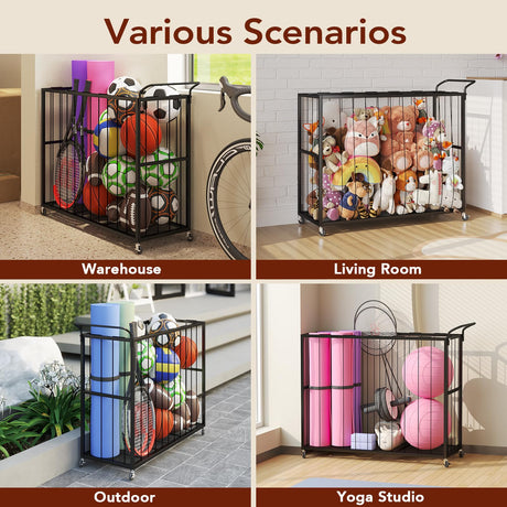 Homsorout Ball Storage Bin Rolling Sports Ball Cart, Metal Garage Organizer Sport Rack, Ball Basket Storage, Ball Cage for Garage or Gym, Indoor & Outdoor Sports Equipment Organizer（Black） Homsorout