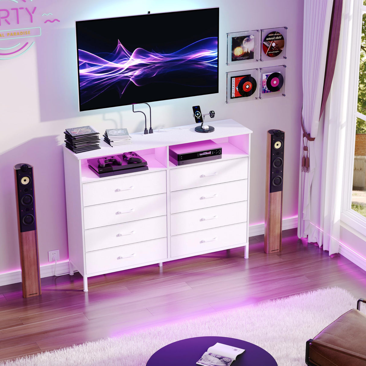 Dresser for Bedroom White Bedroom Dresser with LED Lights and Charging Station, 8 Long Fabric Drawers Dresser, Tall Wide Chest of Drawers Storage Organizer TV Stand for up to 60" TV for Living Room SOOWERY