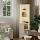 ChooChoo Farmhouse Corner Storage Cabinet with LED Lights, 5-Tier Corner Bookshelf Stand with Barn Doors, 66.9" Gothic Corner Display Cabinet with Adjustable Shelf for Living Room, Farmhouse White ChooChoo