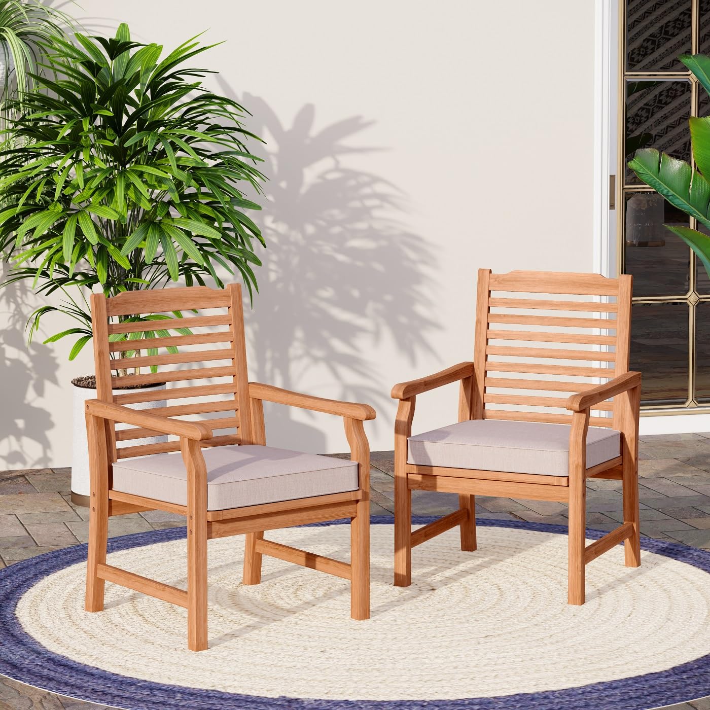 MFSTUDIO Acacia Wood Patio Dining Chairs Set of 6, All Weather Extra Large Outdoor Dining Chairs, 6 Pieces Slat Back Teak Finished Patio Chairs with Soft Removable Cushion for Garden, Backyar - WoodArtSupply