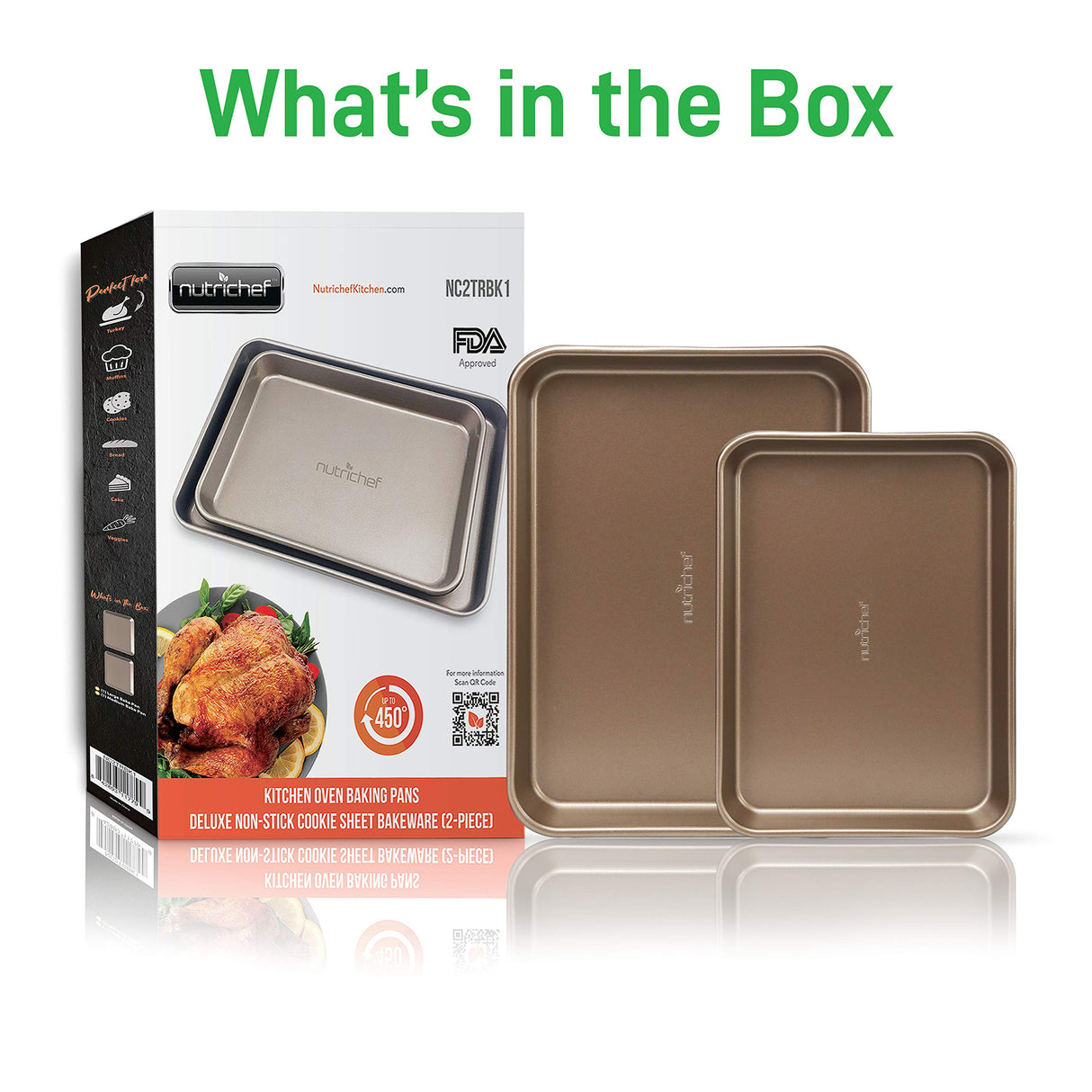 NutriChef 2-Piece Nonstick Baking Sheet Pans - Premium Carbon Steel Oven Bake Trays w/ Non-Stick Coating - Large & Medium Sized Cookie Sheets for Baking - Champagne Gold NutriChef