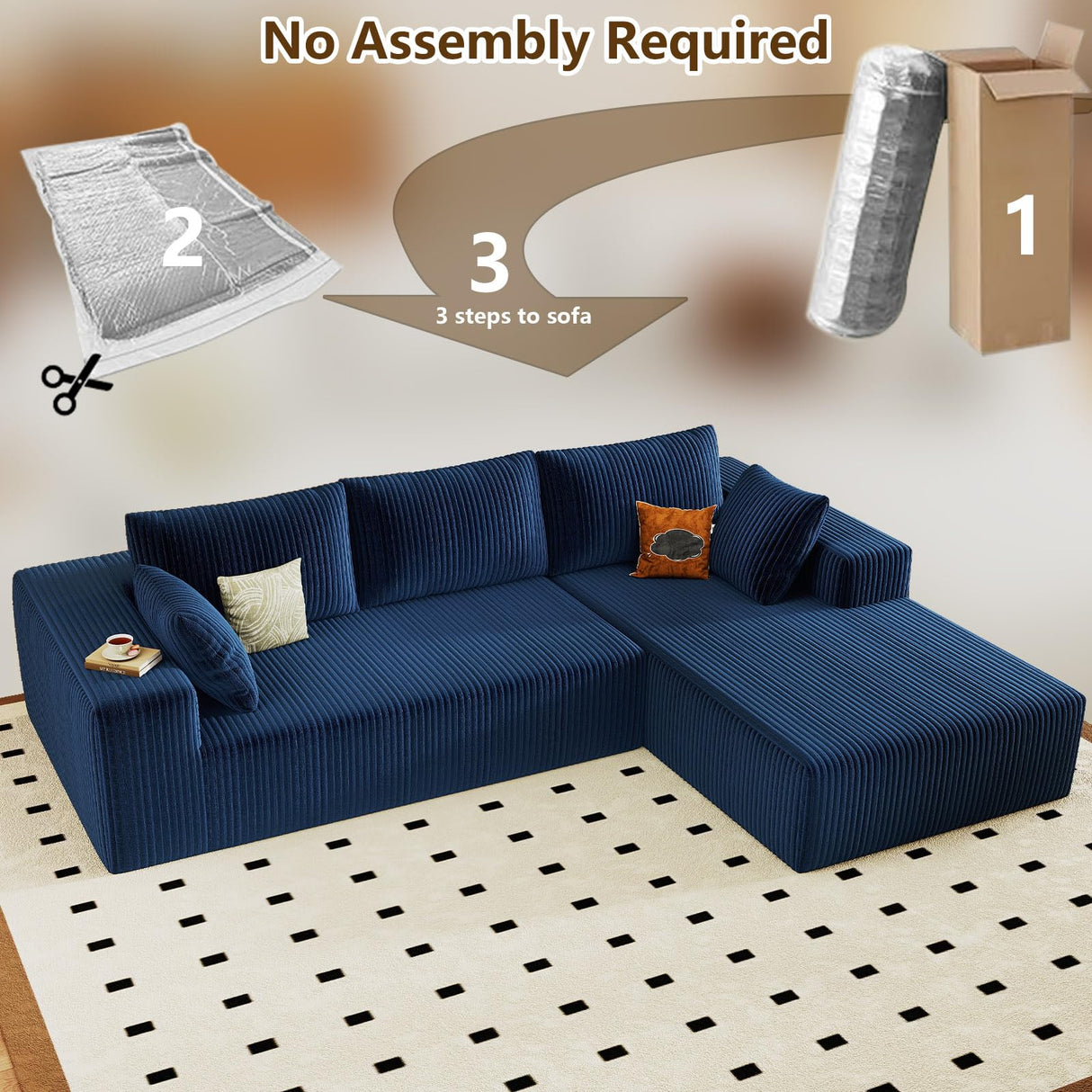 96" Modular Sectional Couch, Boneless L Shaped Cloud Sofa with Chaise Lounge, Corduroy Upholstered Couches Memory Foam Deep Seat, No Assembly Required, Ideal for Living Room(Blue, Right Facing) Lakifun