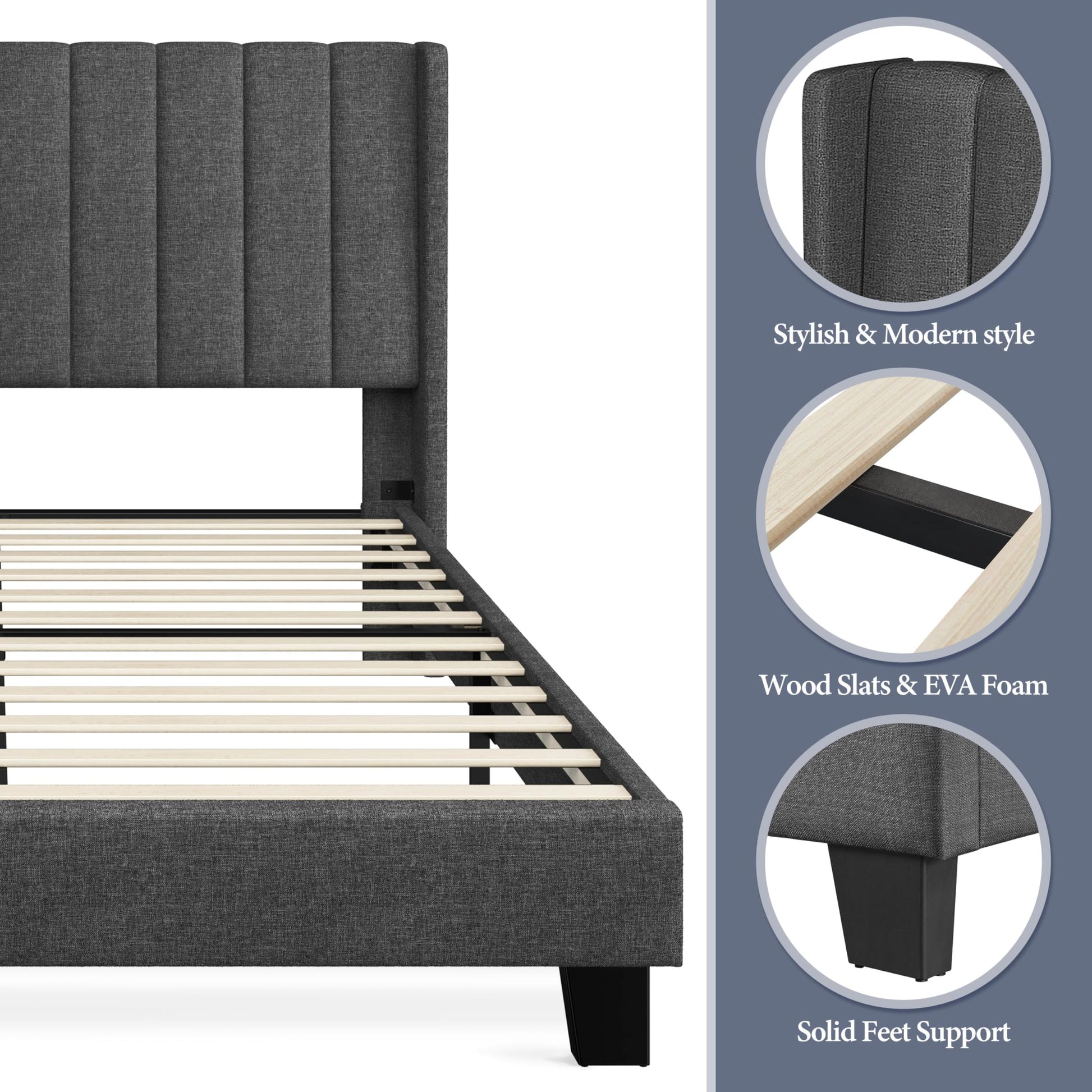 Yaheetech Upholstered Full Size Bed Frame with Wing Headboard & Wooden Slats - Dark Gray - WoodArtSupply