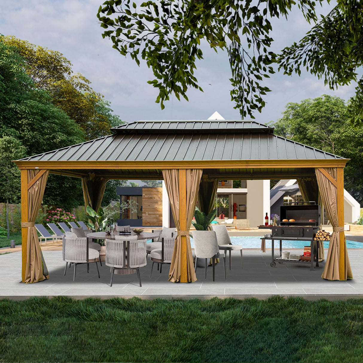 Domi Outdoor Living 14’x20’ Hardtop Gazebo, Wooden Coated Aluminum Frame Canopy with Galvanized Steel Double Roof, Outdoor Permanent Metal Pavilion with Curtains and Netting for Patio, Deck and Lawn domi outdoor living