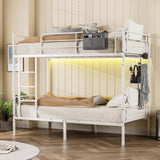 LIPIGE Bunk Bed Twin Over Twin,Heavy-Duty Metal Bunk Bed with Power Outlet and LED Lights,Safety Rails Ladder,Space-Saving Design with Storage Hooks,440lbs Capacity for Adults,White LIPIGE