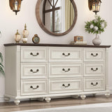 St.Mandyu Farmhouse 9 Drawer Dresser for Bedroom with 6 Gourd Feet and Roman Column Decor, 63in Wide Wood Country Rustic Chest of Drawers, Storage Dressers for Bedroom, Living Room, Rustic White St.Mandyu