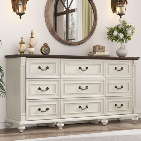 St.Mandyu Farmhouse 9 Drawer Dresser for Bedroom with 6 Gourd Feet and Roman Column Decor, 63in Wide Wood Country Rustic Chest of Drawers, Storage Dressers for Bedroom, Living Room, Rustic White St.Mandyu