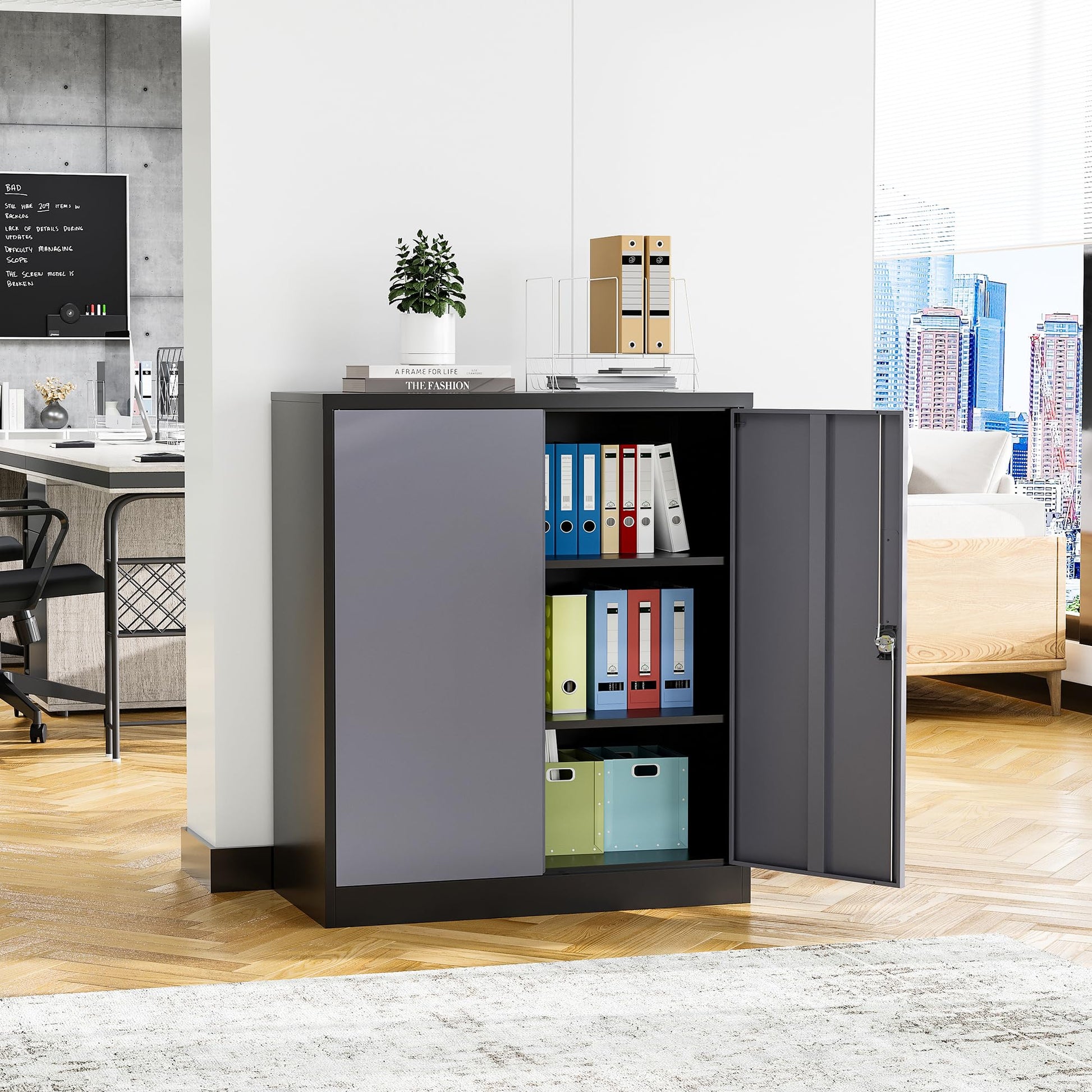 STANI Metal Storage Cabinet with 2 Adjustable Shelves, Steel Counter Cabinet with Lockable Doors for Home Office Warehouse Garage (Black Grey, 36" H-Style 2) - WoodArtSupply