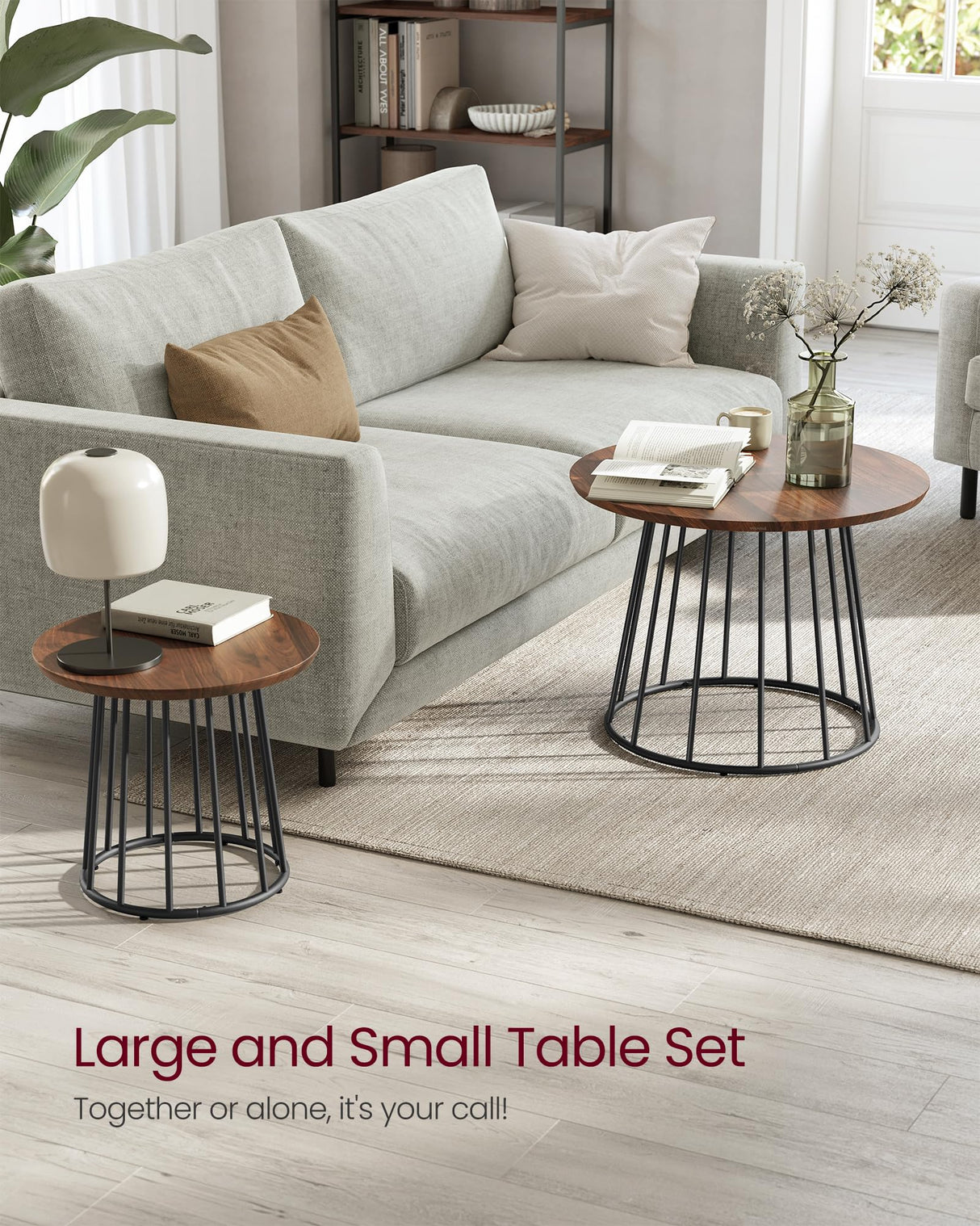 VASAGLE Round Coffee Tables, Set of 2, Modern Circle Side Tables with Steel Frame, for Living Room, Bedroom, Natural Walnut ULCT045K43 VASAGLE