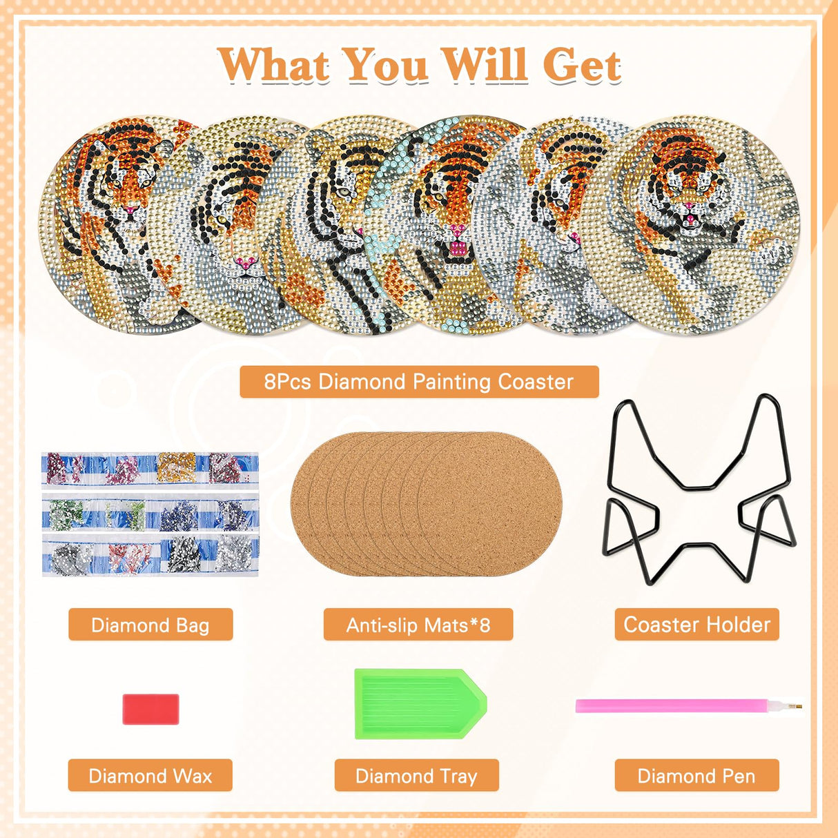 GHHKUD 6pcs Tiger Diamond Painting Coasters, DIY Life Coasters Animals Diamond Art Kits for Adults Kids, Full Drill 5D with Holder Cork Pad for Home GHHKUD