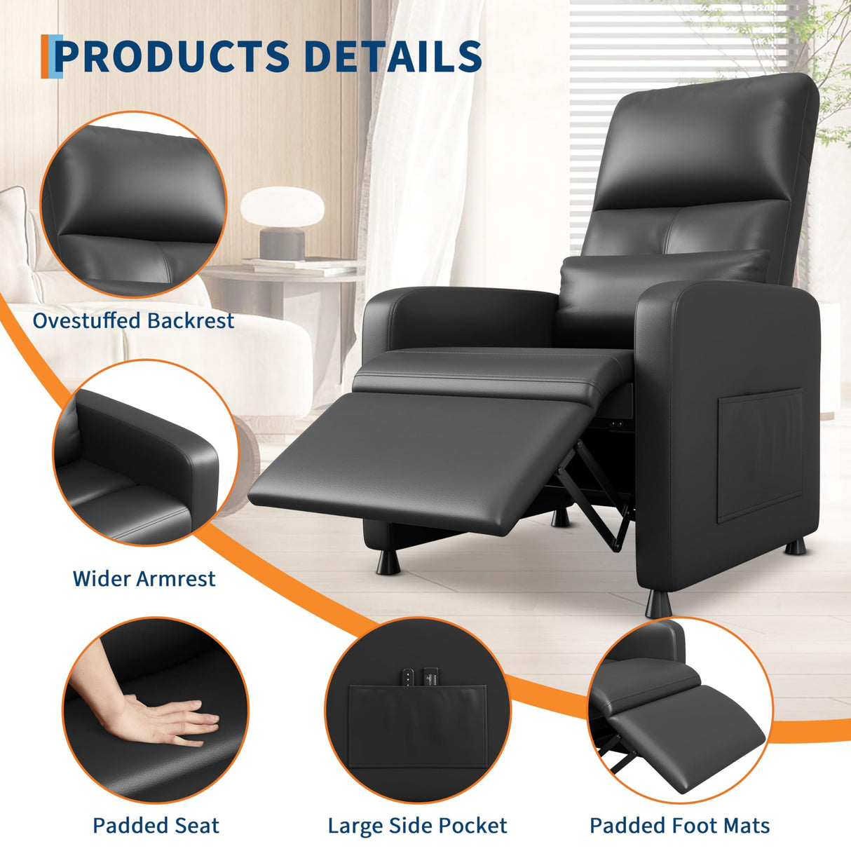 GarveeHome Power Recliner Chair with Massage and Heat, Adjustable Electric Recliner Ergonomic Overstuffed PU Leather Single Sofa, 2 Side Pockets and USB Port, Home Theater Seating for Living Room GarveeHome