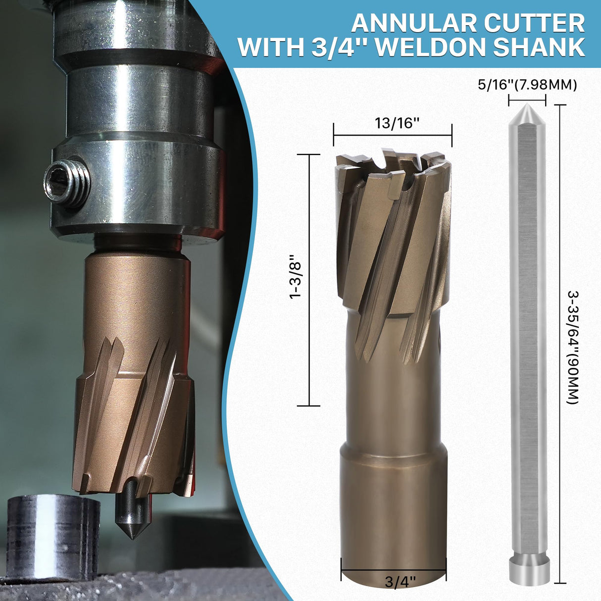 KEENTECH Carbide-Tipped Annular Cutter, 13/16" Dia. x 1-3/8" Depth, 3/4'' Weldon Shank, TCT Mag Drill Bit with Advanced PVD Nano-Coating for Faster, Smoother, Longer-Service Life Cutting Harder Metal KEENTECH