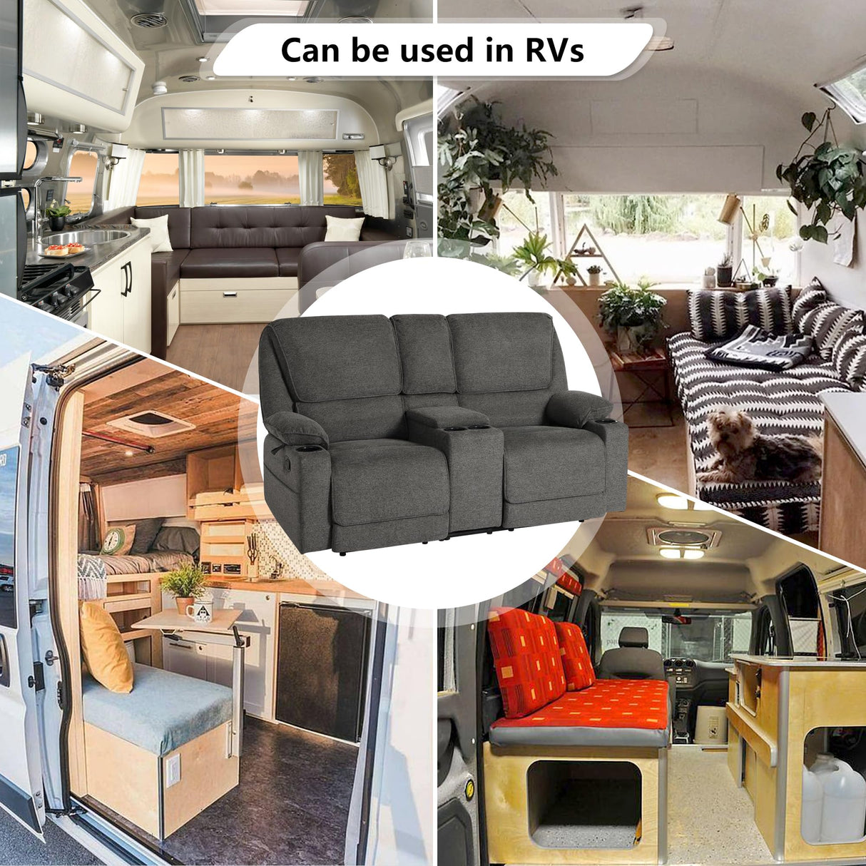 YOCONYO Loveseat Recliner, RV Reclining Loveseat, Home Theater Seating, Manual Loveseat with Console, 4 Cup Holders, 2-Seater Recliner Sofa, RV Furniture for Travel Trailers, Livingroom (Dark Grey) YOCONYO