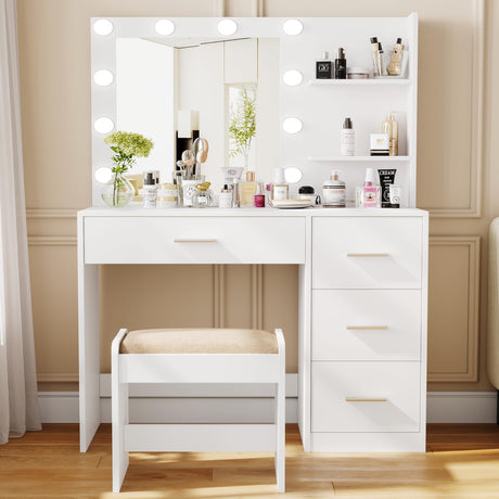 Rovaurx Makeup Vanity Table Set with Lighted Mirror, Makeup Vanity with Storage Shelf and 4 Drawers, Bedroom Dressing Table, Cushioned Stool & 10 LED Lights, White RSZT104WD Rovaurx