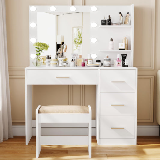 Rovaurx Makeup Vanity Table Set with Lighted Mirror, Makeup Vanity with Storage Shelf and 4 Drawers, Bedroom Dressing Table, Cushioned Stool & 10 LED Lights, White RSZT104WD - WoodArtSupply