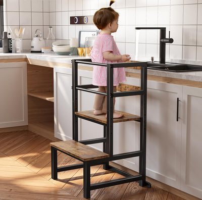 INNOD Kitchen Step Stool for Toddlers, Height Adjustable Toddler Tower with Safety Rail, Steel and Wood Toddler Kitchen Stool Helper Kids, Kitchen Stool for Kids, Learning Tower, Toddler Stool Brown