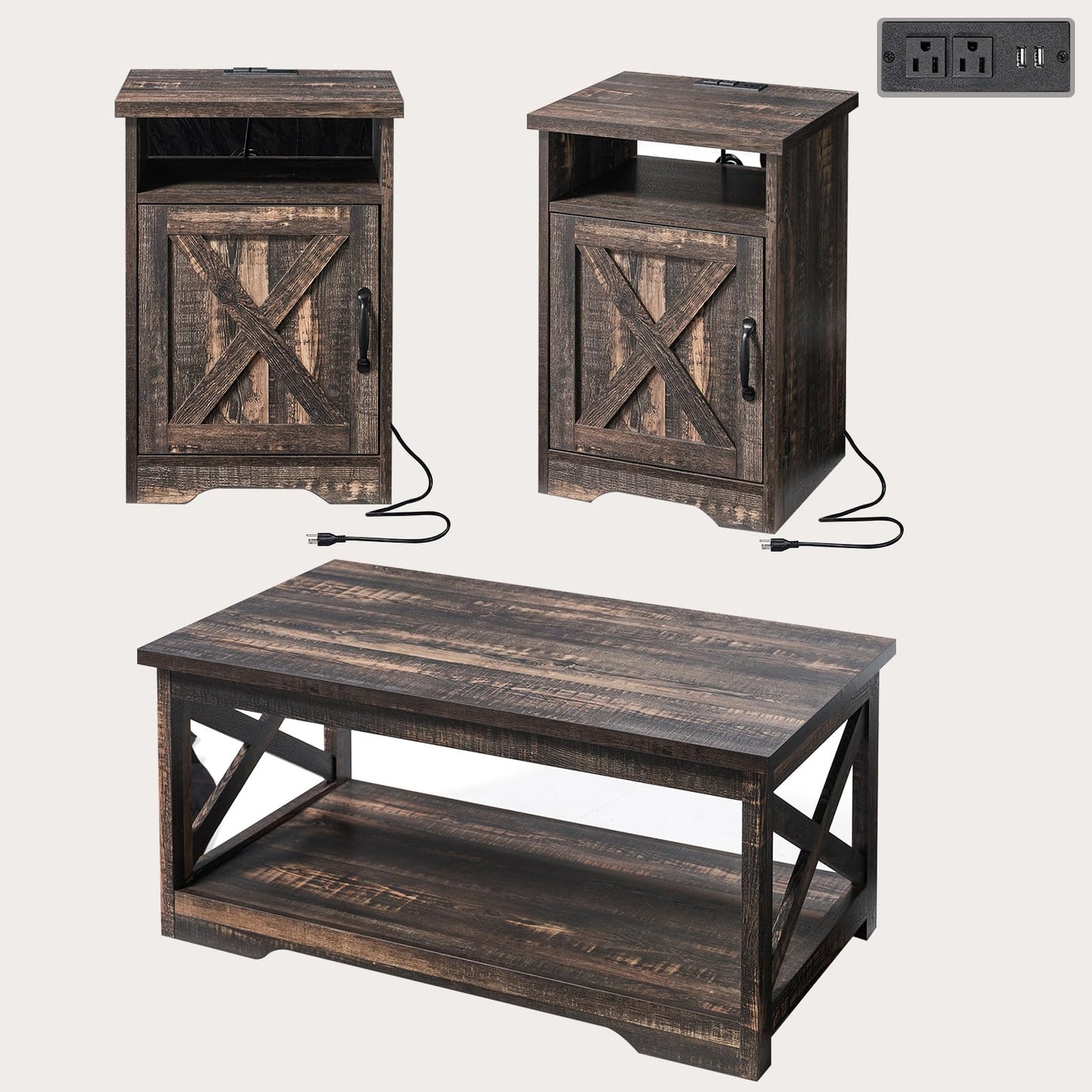 AMERLIFE 3-Piece Farmhouse Table Set Includes Coffee Table& Two End Tables, Side Table with Charging Station and USB Ports, for Living Room, Bedroom,Dark Oak - WoodArtSupply