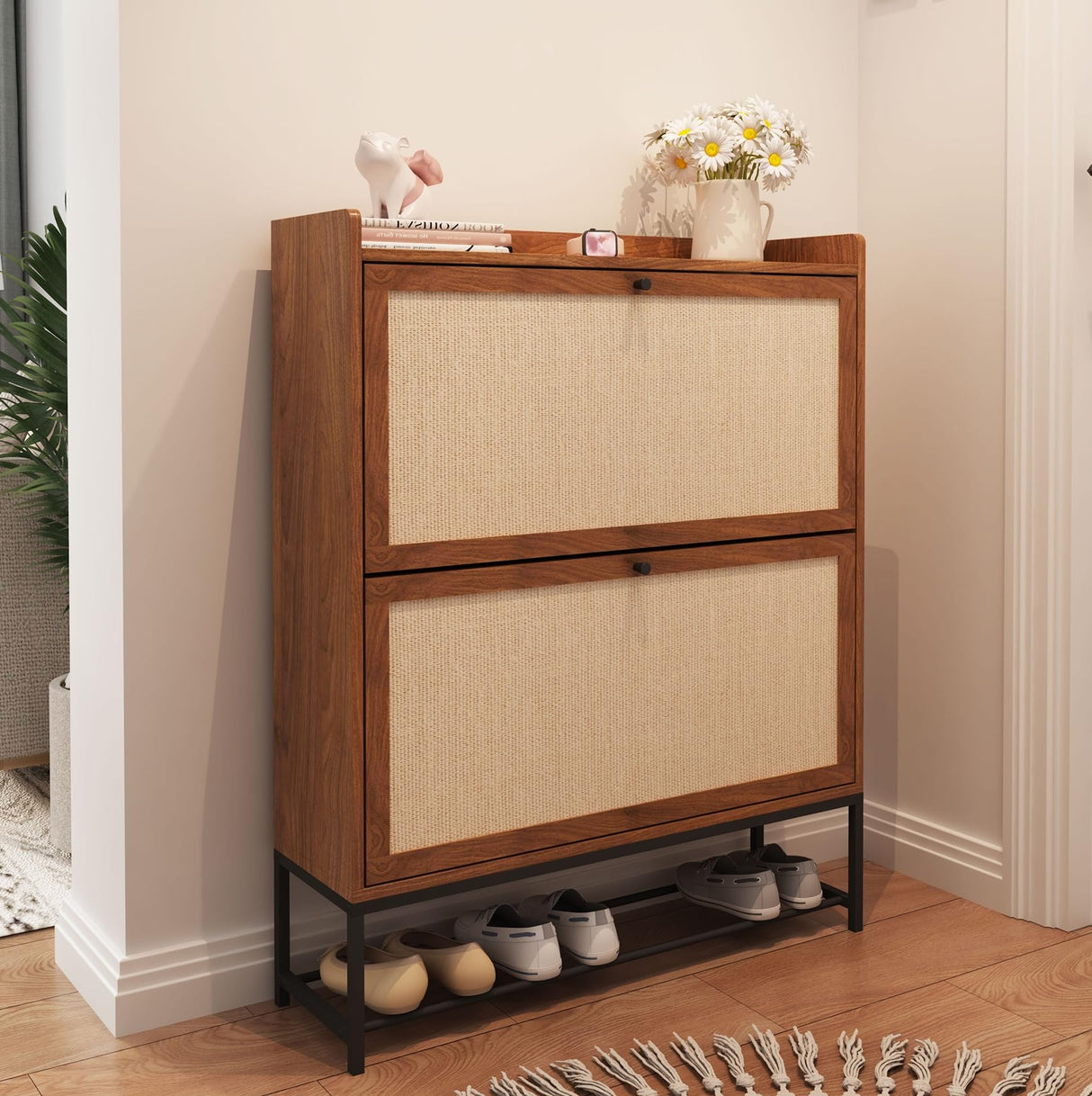 AVZEAR Freestanding Shoe Organizer with 2 Flip Drawer Doors, Entryway & Closet Shoe Storage, Linen Doors, Walnut AVZEAR