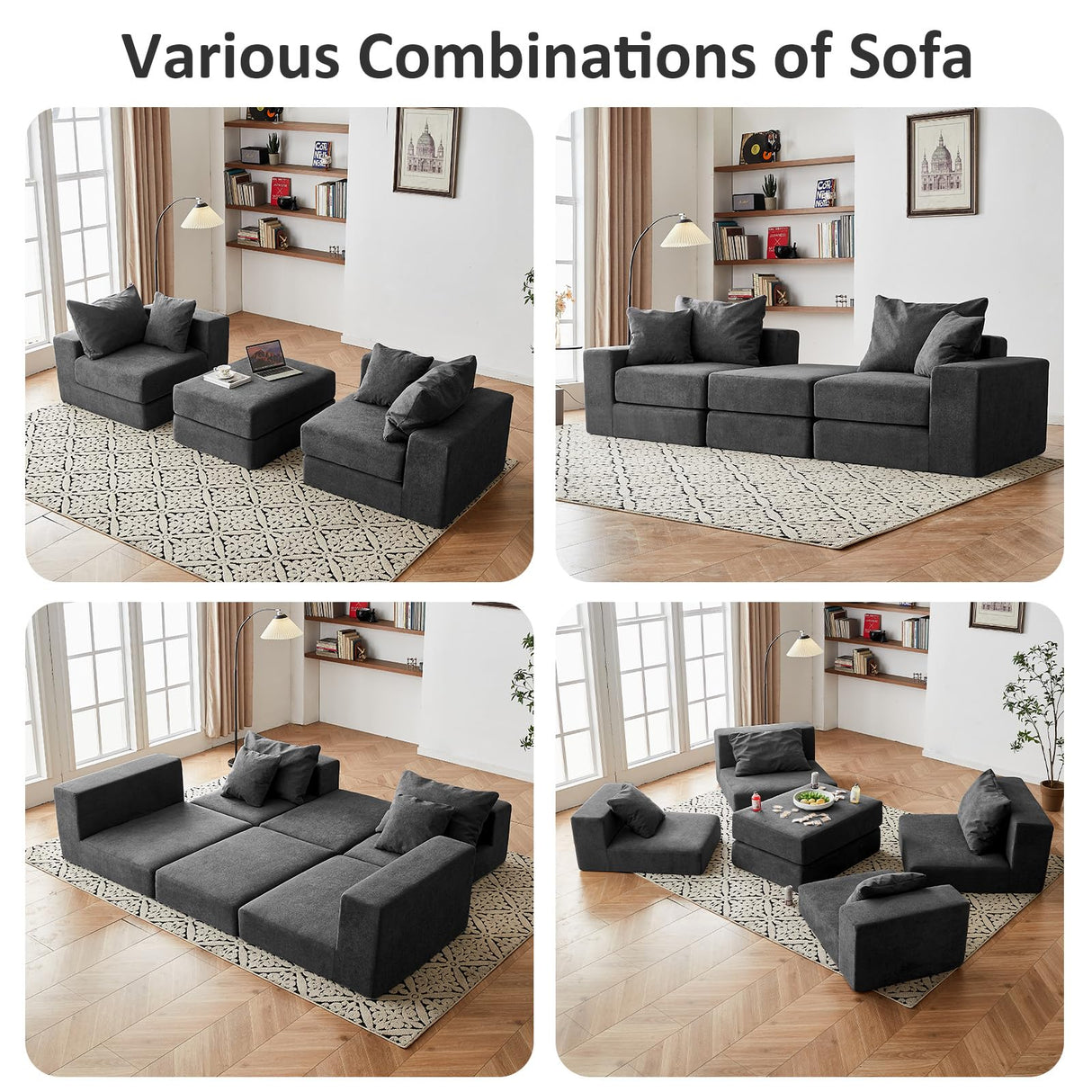 Modular Sectional Loveseat Cloud Sofa, Boneless Couch with Non Slip Base, Modern Sleeper Sofa for Customizable Living Spaces, Cozy Modular Couch with L-Shape Chaise, Deep Seat & No Assembly, Grey CozyMine