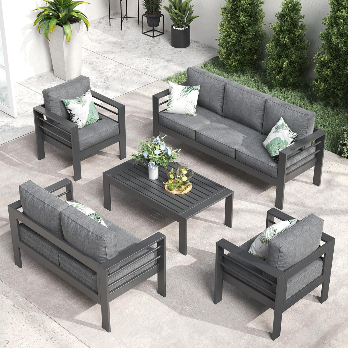 LayinSun Outdoor Aluminum Furniture Set, 5 Pieces Patio Sectional Conversation Chat Sofa Modern Seating Set with Coffee Table LayinSun