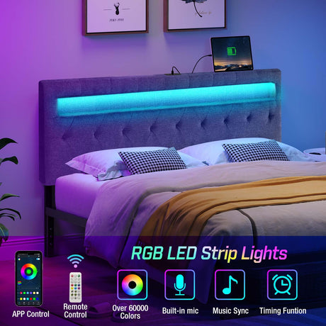 GREENSTELL Queen Size Adjustable LED Headboard with USB & Type C Ports - Gray Wall-Mounted Design GREENSTELL