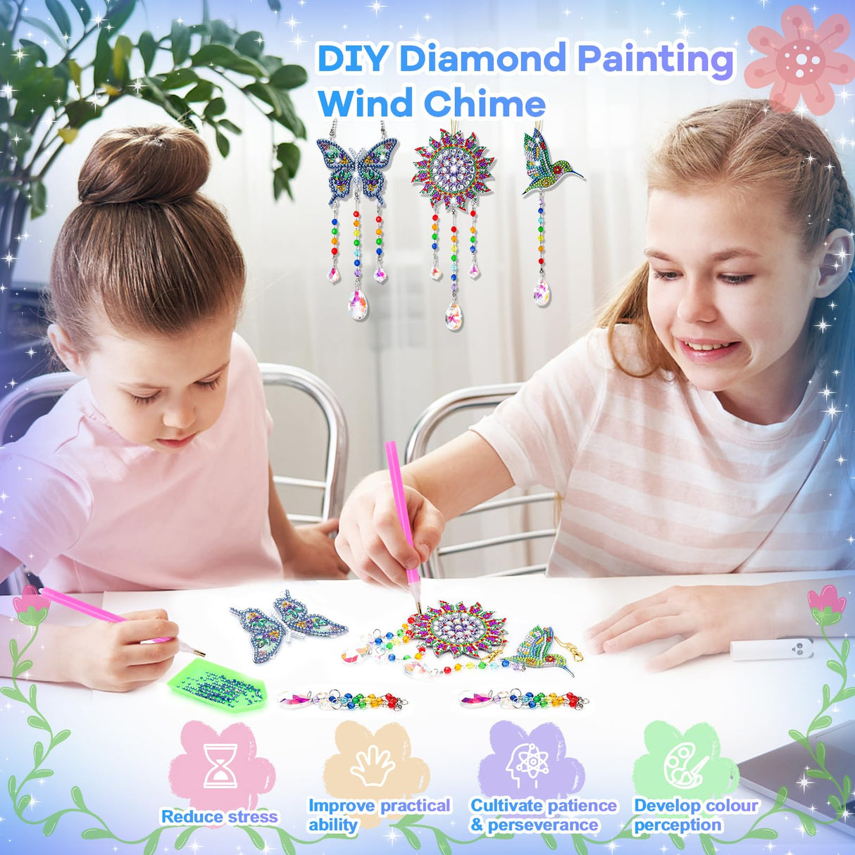Diamond Art Kits for Kids Ages 6-12: Birthday Gifts for 7 8 9 10 Year Old Girls Teens Creative Arts & Crafts for Girls Boys DIY Wind Chime & Suncatcher Craft Kit Crystal Window Garden Decor Kit Micaracy