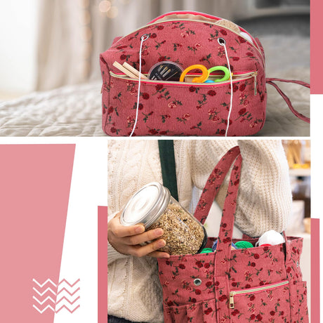 2 Pcs Crochet Bag and Tote Set Corduroy Yarn Holder Crochet Tote Bag for Hooks Vintage Flowers Organizer Yarn Holder for Ideal Mother's Day Gift Knitting Lovers Accessories Bulyoou