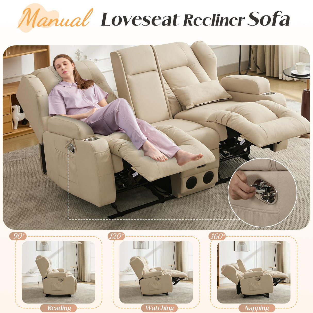 DRMBOOK Loveseat Rocker Recliner Sofa, Leathaire Fabric Double Reclining Couches with Console, Manual Reclinable Dual Recliner, RV Movie Theater Seating with USB/Bluetooth Speaker (Leathaire Beige) DRMBOOK