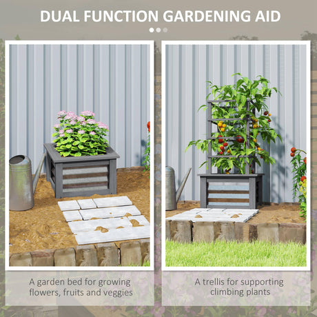 Outsunny Raised Garden Bed with Trellis, Wooden Planter Box with Galvanized Steel Sides, Raised Flower Bed for Climbing Plants, Flowers, Fruits and Vegetables, Gray Outsunny